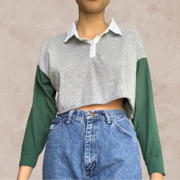 Color Block Cropped Long Sleeve Shirt With Collar - Picture 4 of 4